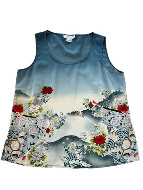 Citron Santa Monica 100% Silk Asian Floral Bird Print Tank Top Women’s M